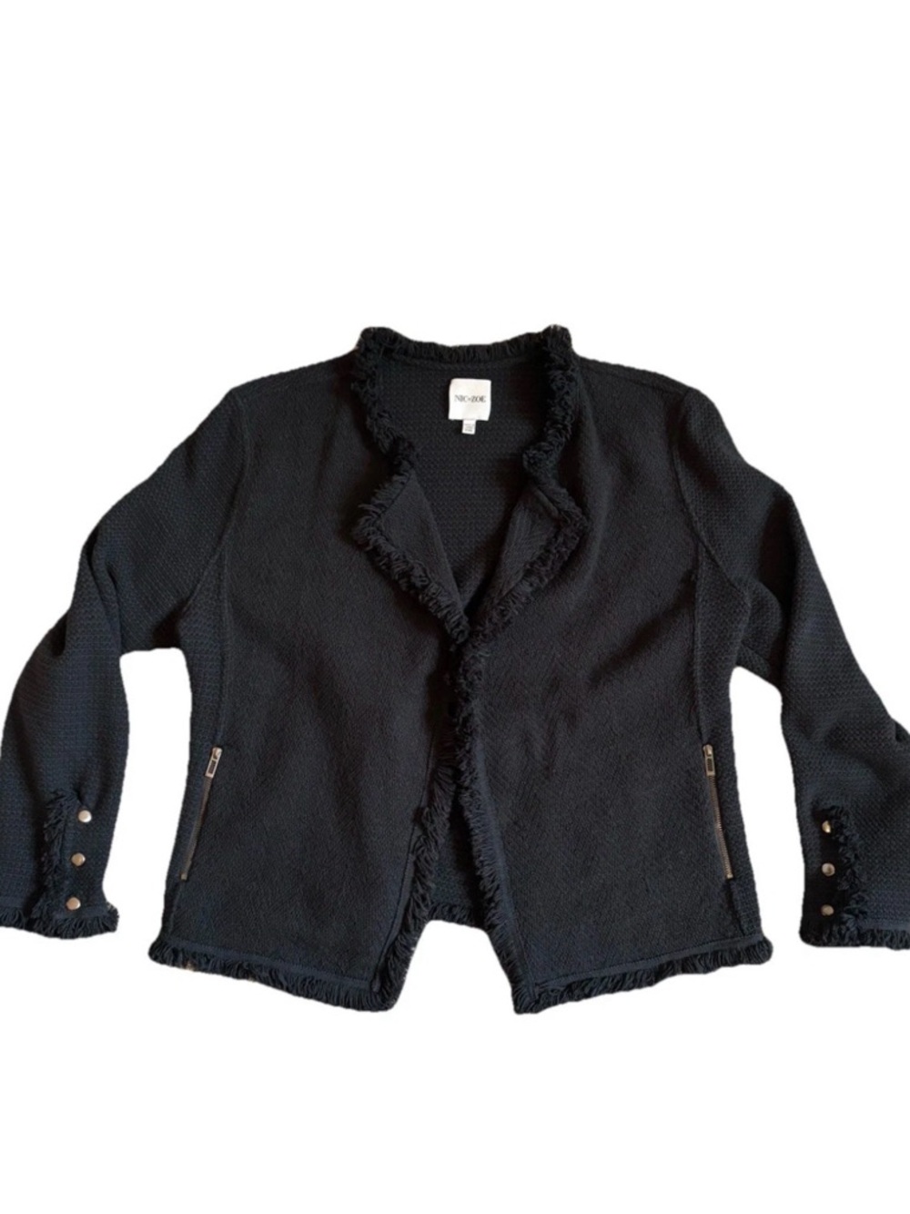 NIC + ZOE Black Knit Blazer Fringe Trim Long Sleeve Snap Cuff Open Front Jacket